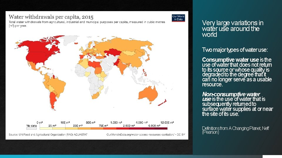 Very large variations in water use around the world Two major types of water