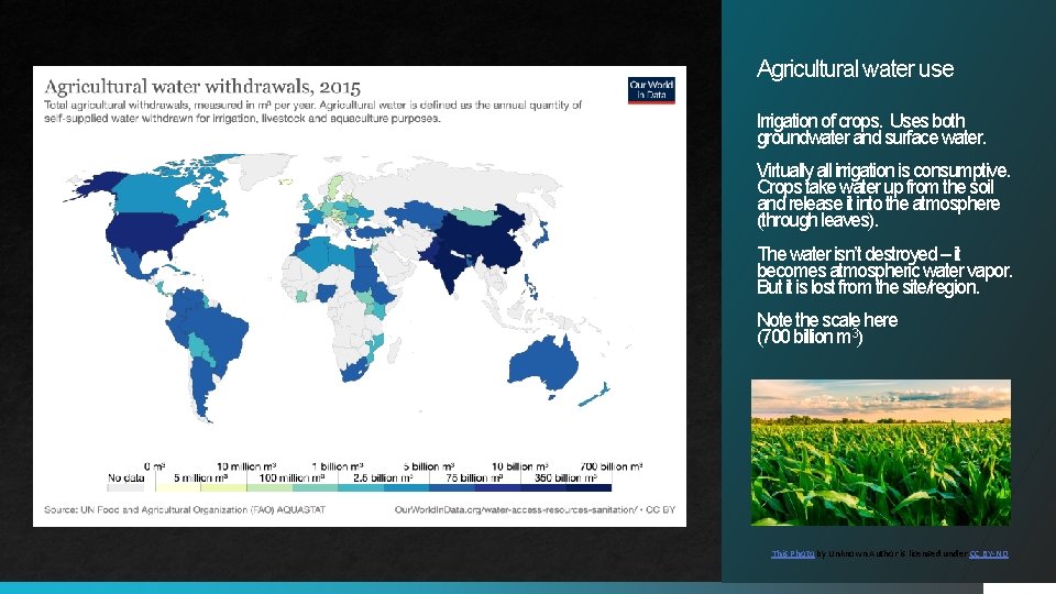 Agricultural water use Irrigation of crops. Uses both groundwater and surface water. Virtually all