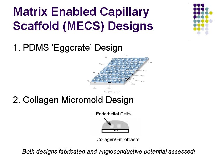 Matrix Enabled Capillary Scaffold (MECS) Designs 1. PDMS ‘Eggcrate’ Design 2. Collagen Micromold Design