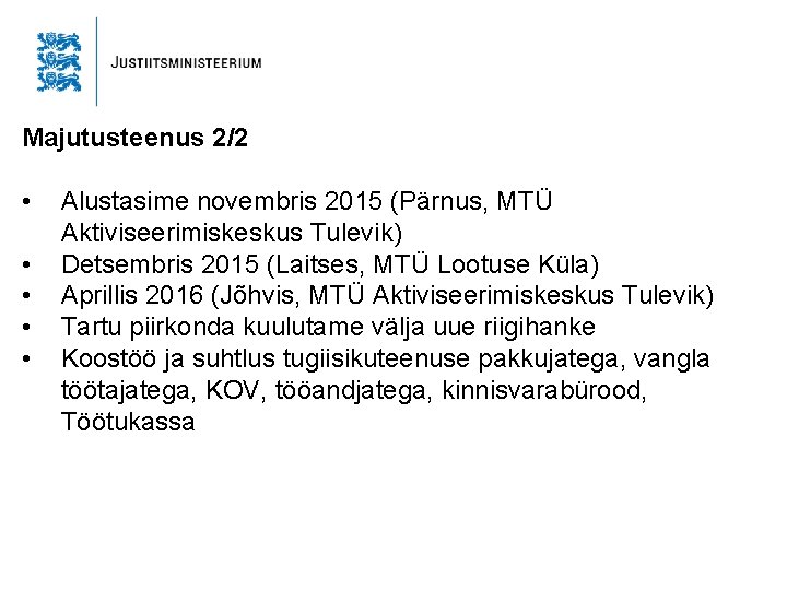 Majutusteenus 2/2 • • • Alustasime novembris 2015 (Pärnus, MTÜ Aktiviseerimiskeskus Tulevik) Detsembris 2015