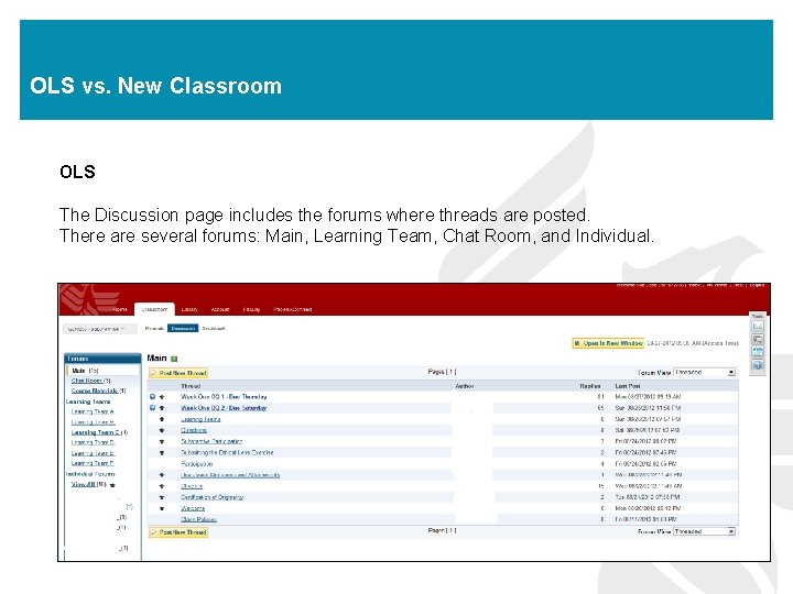 OLS vs. New Classroom OLS The Discussion page includes the forums where threads are