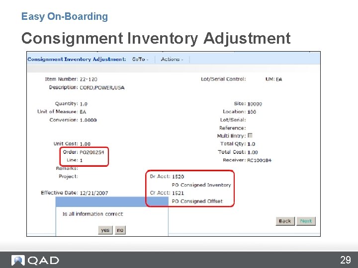 Easy On-Boarding Consignment Inventory Adjustment 29 