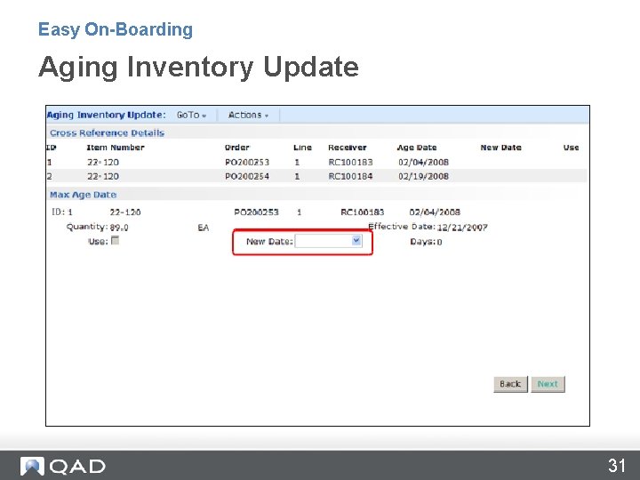 Easy On-Boarding Aging Inventory Update 31 