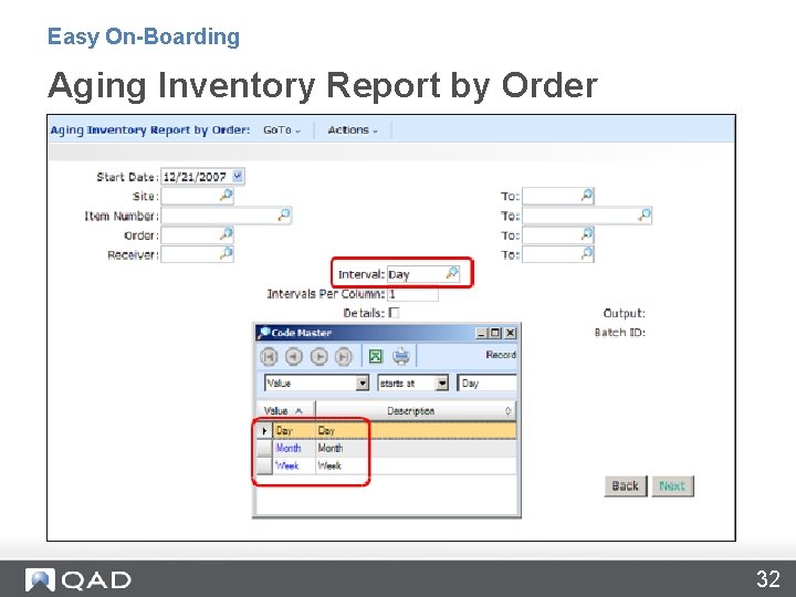 Easy On-Boarding Aging Inventory Report by Order 32 