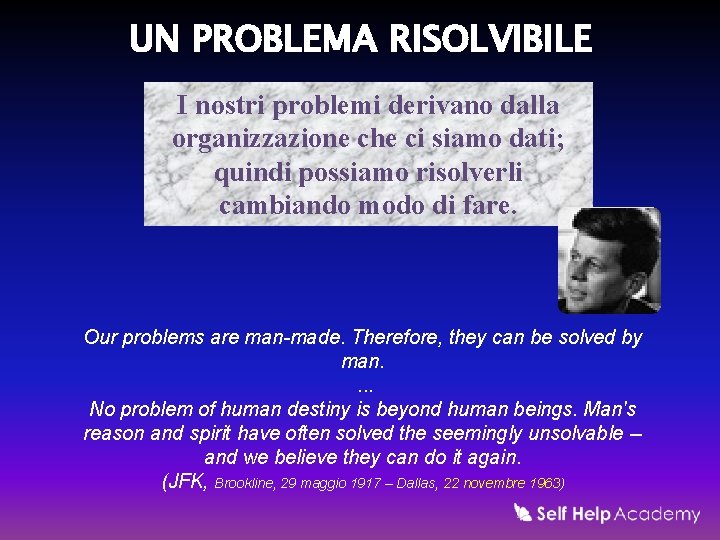 UN PROBLEMA RISOLVIBILE I nostri problemi derivano dalla organizzazione che ci siamo dati; quindi