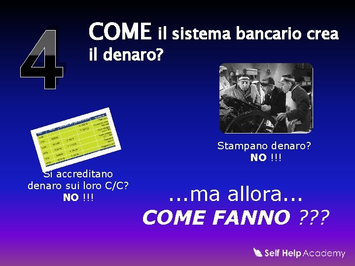 4 COME il sistema bancario crea il denaro? Stampano denaro? NO !!! Si accreditano