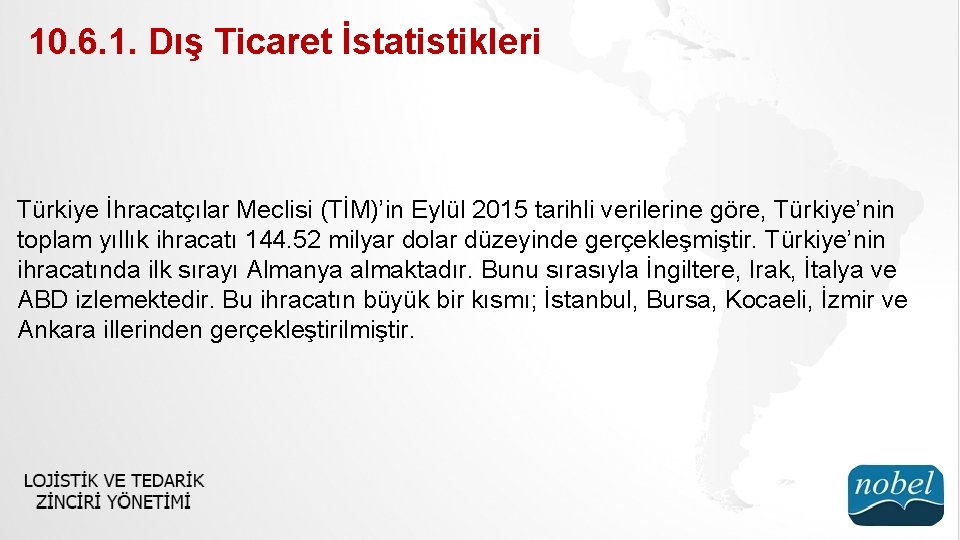10. 6. 1. Dış Ticaret İstatistikleri Türkiye İhracatçılar Meclisi (TİM)’in Eylül 2015 tarihli verilerine