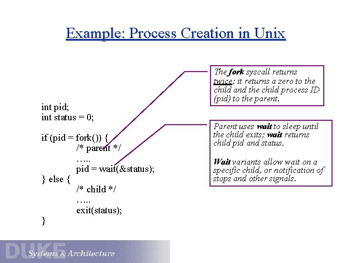 Example: Process Creation in Unix int pid; int status = 0; if (pid =