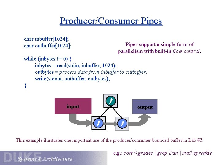 Producer/Consumer Pipes char inbuffer[1024]; char outbuffer[1024]; Pipes support a simple form of parallelism with