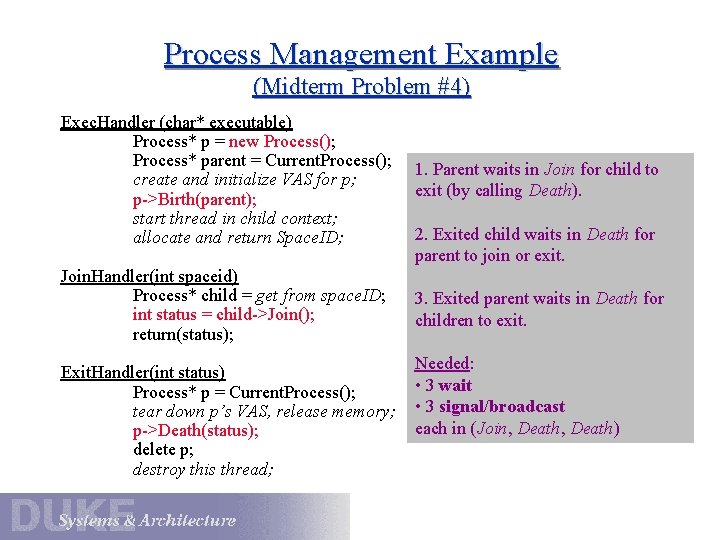 Process Management Example (Midterm Problem #4) Exec. Handler (char* executable) Process* p = new