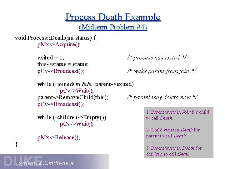 Process Death Example (Midterm Problem #4) void Process: : Death(int status) { p. Mx->Acquire();