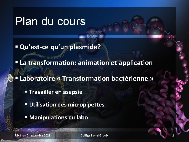 Plan du cours § Qu’est-ce qu’un plasmide? § La transformation: animation et application §