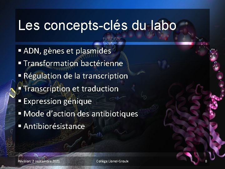 Les concepts-clés du labo § ADN, gènes et plasmides § Transformation bactérienne § Régulation