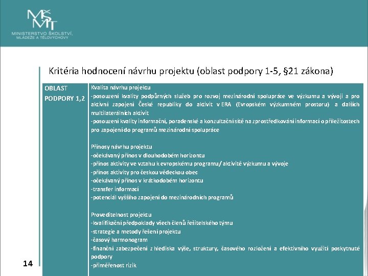 Kritéria hodnocení návrhu projektu (oblast podpory 1 -5, § 21 zákona) Kvalita návrhu projektu