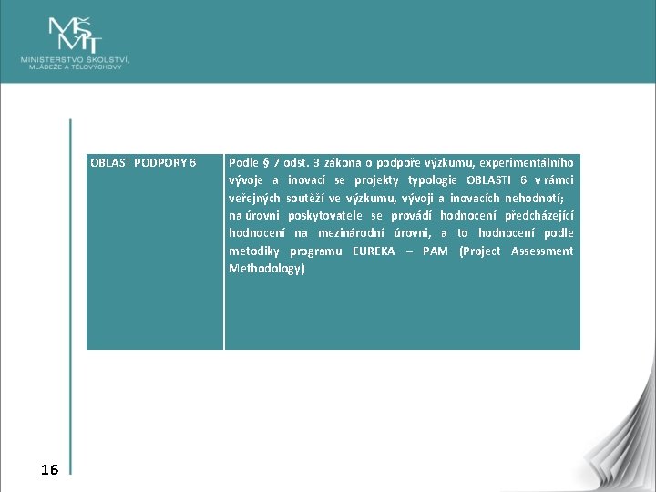 OBLAST PODPORY 6 16 Podle § 7 odst. 3 zákona o podpoře výzkumu, experimentálního