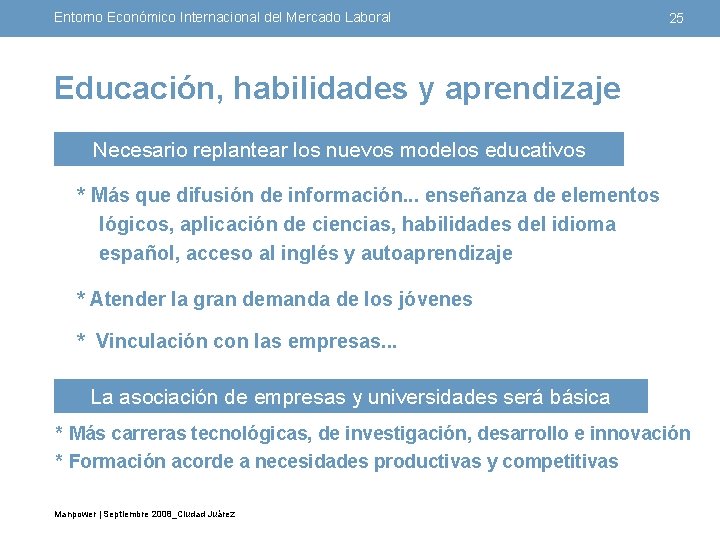 Entorno Económico Internacional del Mercado Laboral 25 Educación, habilidades y aprendizaje Necesario replantear los