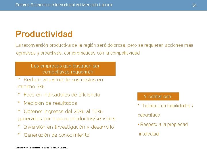 Entorno Económico Internacional del Mercado Laboral 34 Productividad La reconversión productiva de la región