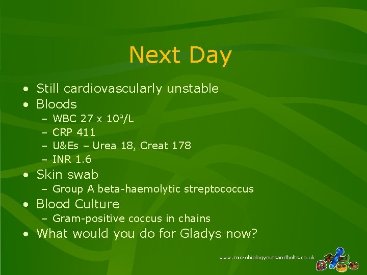 Next Day • Still cardiovascularly unstable • Bloods – – WBC 27 x 109/L