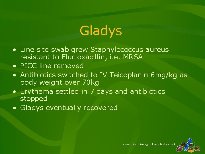 Gladys • Line site swab grew Staphylococcus aureus resistant to Flucloxacillin, i. e. MRSA