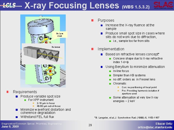 X-ray Focusing Lenses (WBS 1. 5. 3. 2) Purposes Increase the X-ray fluence at