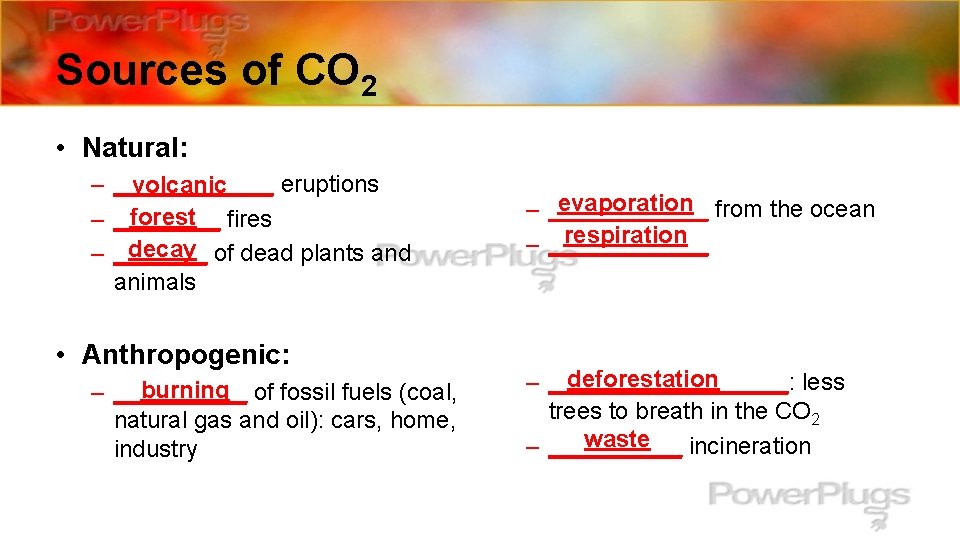 Sources of CO 2 • Natural: – – – ______ eruptions volcanic forest fires