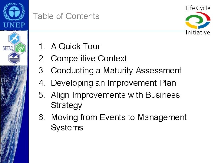 Table of Contents 1. 2. 3. 4. 5. A Quick Tour Competitive Context Conducting