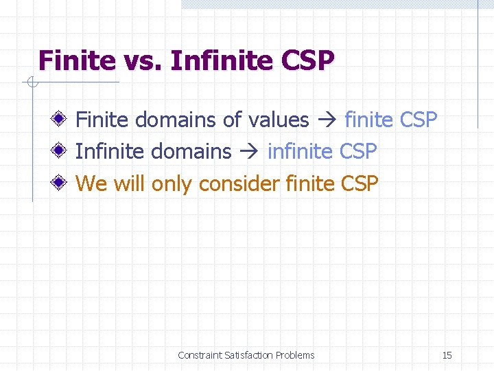 Finite vs. Infinite CSP Finite domains of values finite CSP Infinite domains infinite CSP