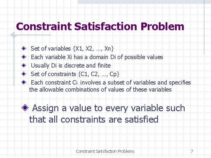 Constraint Satisfaction Problem Set of variables {X 1, X 2, …, Xn} Each variable