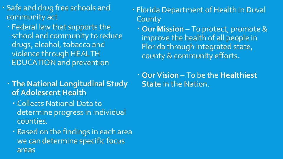  Safe and drug free schools and community act Federal law that supports the