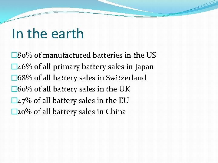 In the earth � 80% of manufactured batteries in the US � 46% of