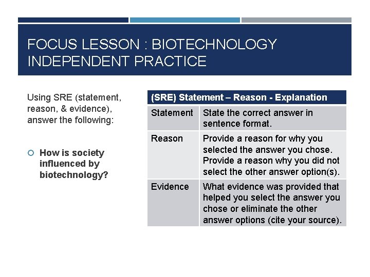 FOCUS LESSON : BIOTECHNOLOGY INDEPENDENT PRACTICE Using SRE (statement, reason, & evidence), answer the