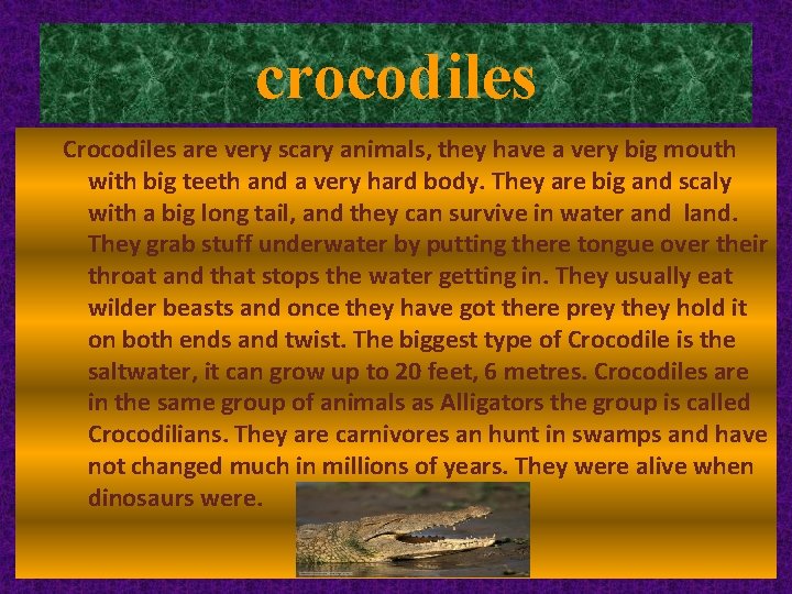 crocodiles Crocodiles are very scary animals, they have a very big mouth with big