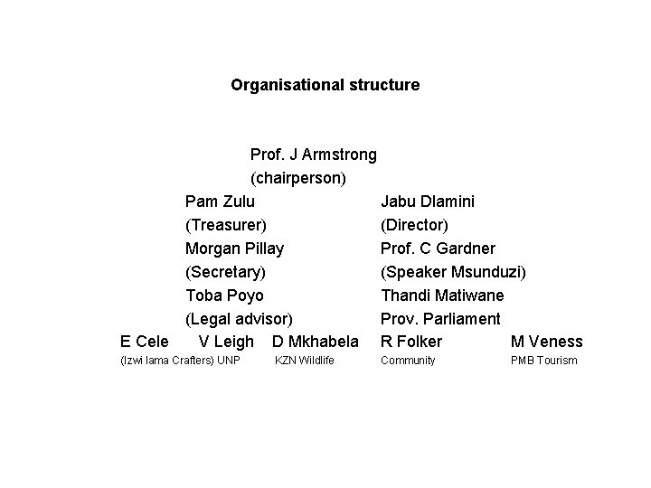 Organisational structure E Cele Prof. J Armstrong (chairperson) Pam Zulu Jabu Dlamini (Treasurer) (Director)