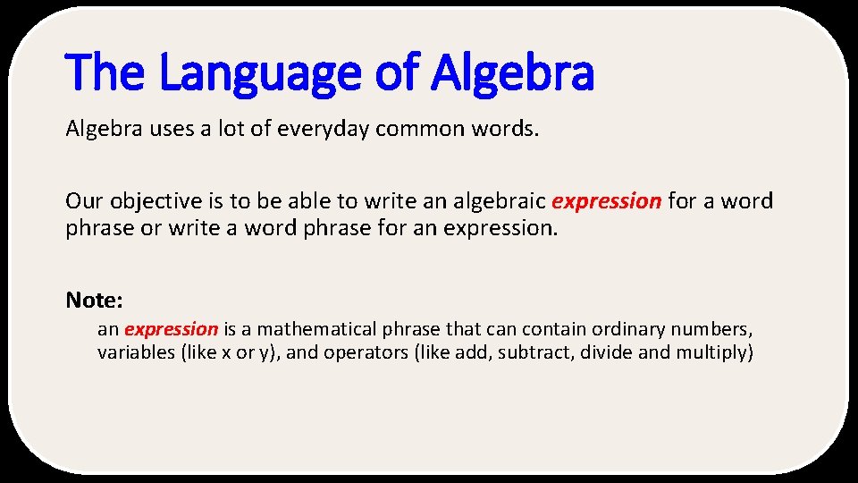 The Language of Algebra uses a lot of everyday common words. Our objective is