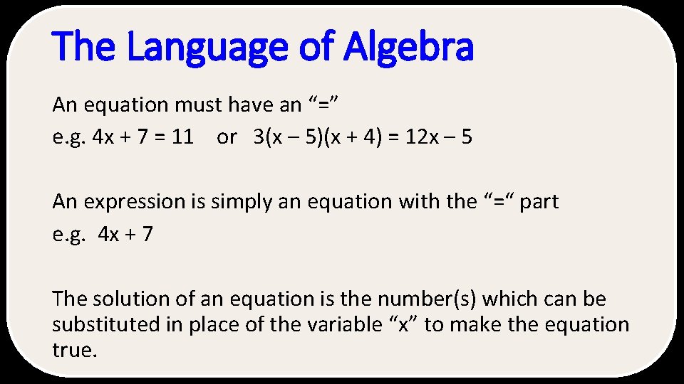 The Language of Algebra An equation must have an “=” e. g. 4 x