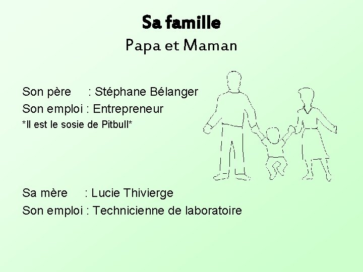 Sa famille Papa et Maman Son père : Stéphane Bélanger Son emploi : Entrepreneur