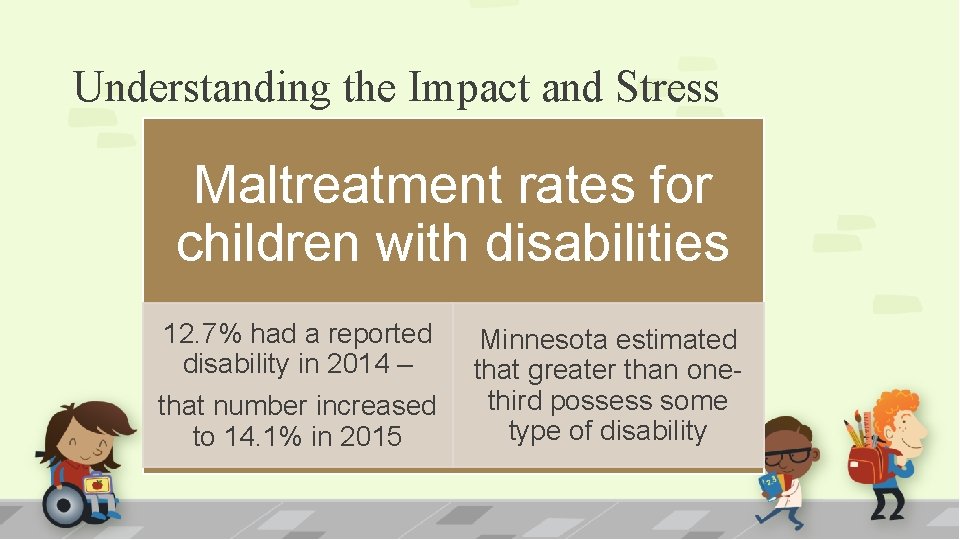 Understanding the Impact and Stress Maltreatment rates for children with disabilities 12. 7% had