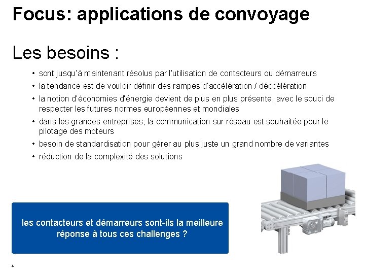Focus: applications de convoyage Les besoins : • sont jusqu’à maintenant résolus par l’utilisation