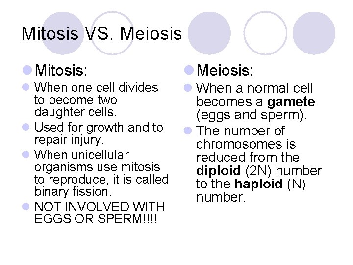 Mitosis VS. Meiosis l Mitosis: l Meiosis: l When one cell divides to become