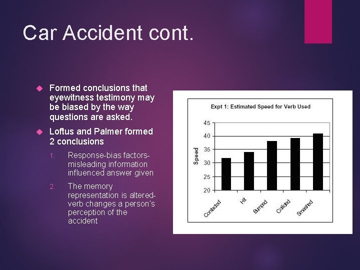 Car Accident cont. Formed conclusions that eyewitness testimony may be biased by the way