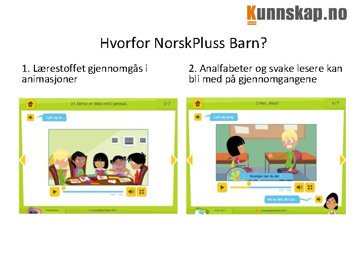 Hvorfor Norsk. Pluss Barn? 1. Lærestoffet gjennomgås i animasjoner 2. Analfabeter og svake lesere