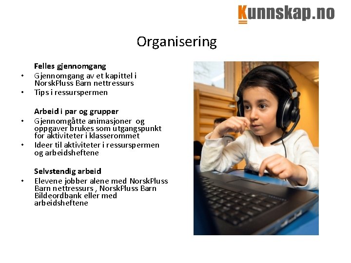 Organisering • • • Felles gjennomgang Gjennomgang av et kapittel i Norsk. Pluss Barn