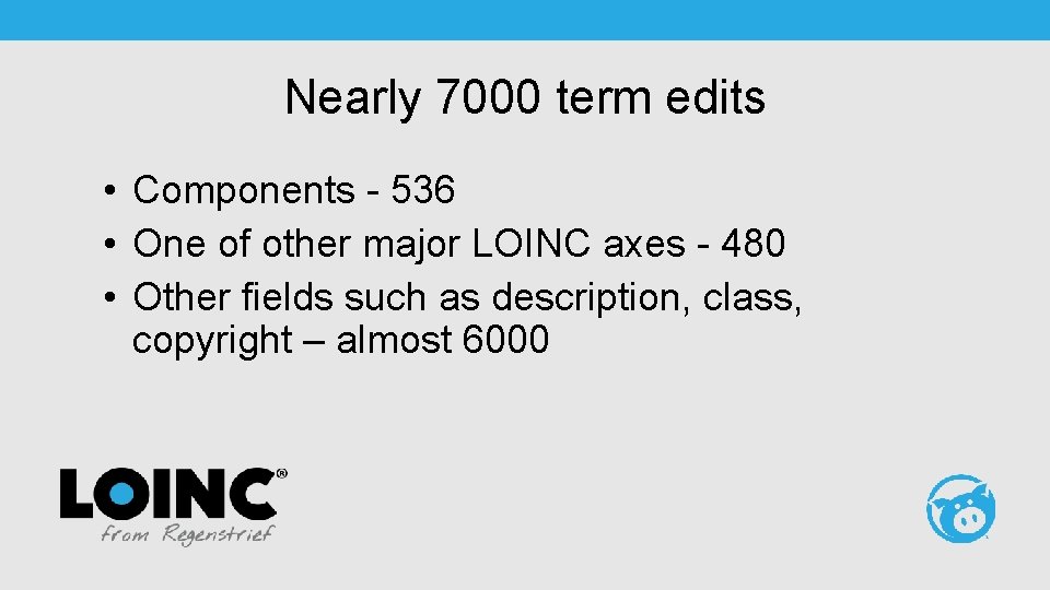 Nearly 7000 term edits • Components - 536 • One of other major LOINC