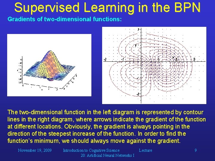 Supervised Learning in the BPN Gradients of two-dimensional functions: The two-dimensional function in the