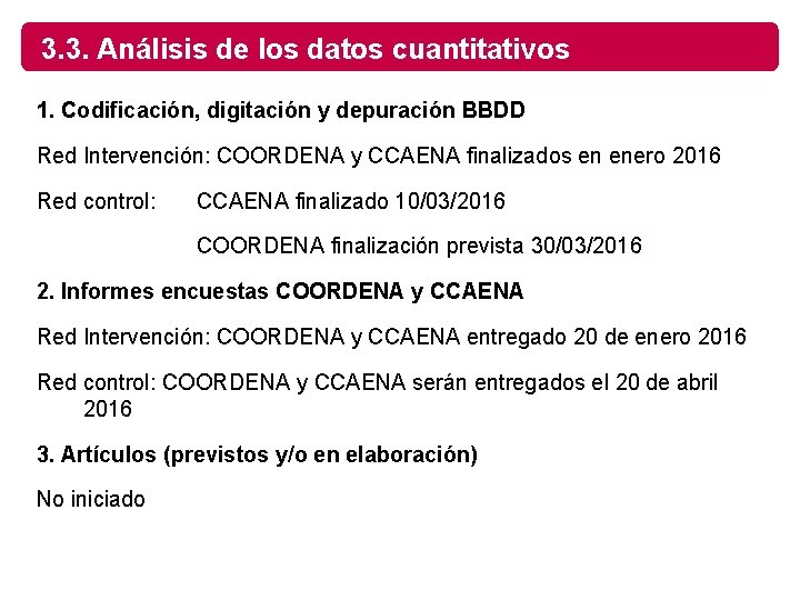 3. 3. Análisis de los datos cuantitativos 1. Codificación, digitación y depuración BBDD Red