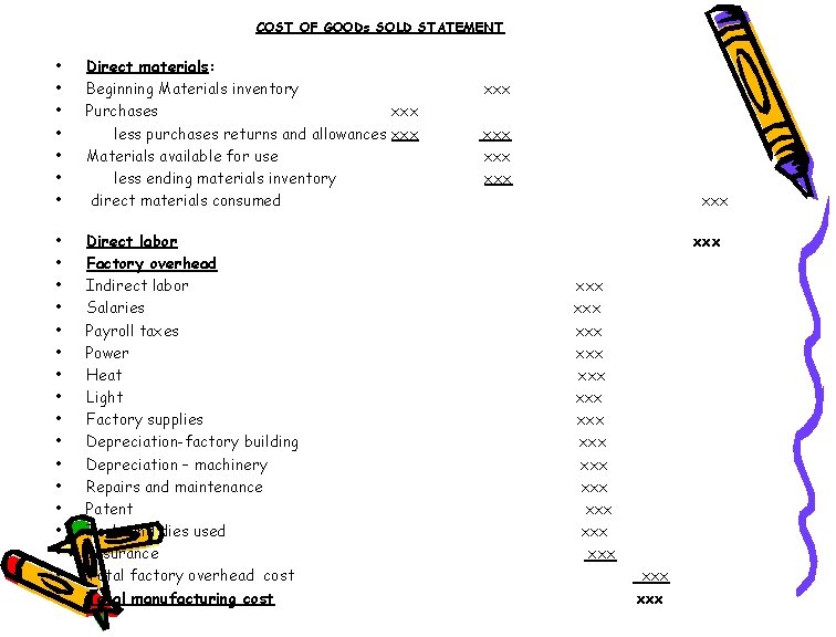 COST OF GOODs SOLD STATEMENT • • Direct materials: Beginning Materials inventory Purchases xxx