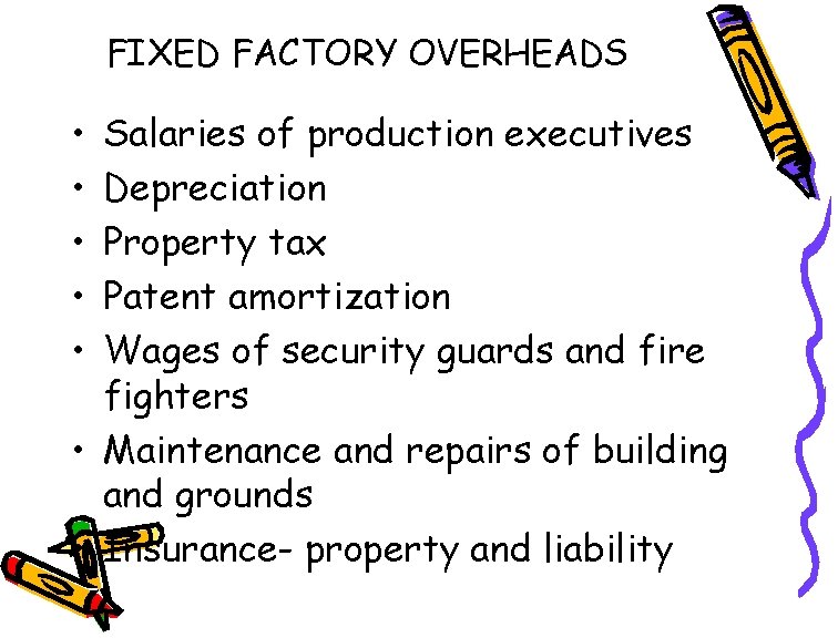 FIXED FACTORY OVERHEADS • • • Salaries of production executives Depreciation Property tax Patent