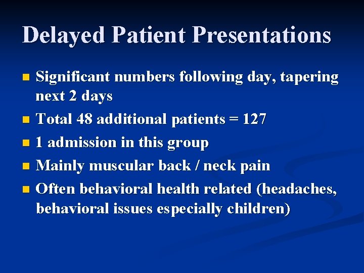 Delayed Patient Presentations Significant numbers following day, tapering next 2 days n Total 48
