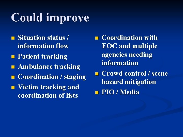 Could improve n n n Situation status / information flow Patient tracking Ambulance tracking