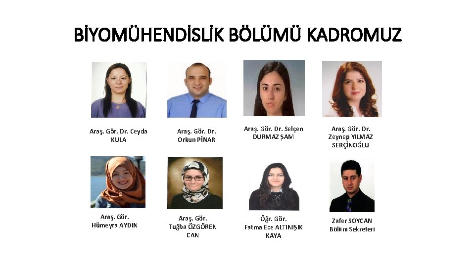 BİYOMÜHENDİSLİK BÖLÜMÜ KADROMUZ Araş. Gör. Dr. Ceyda KULA Araş. Gör. Hümeyra AYDIN Araş. Gör.